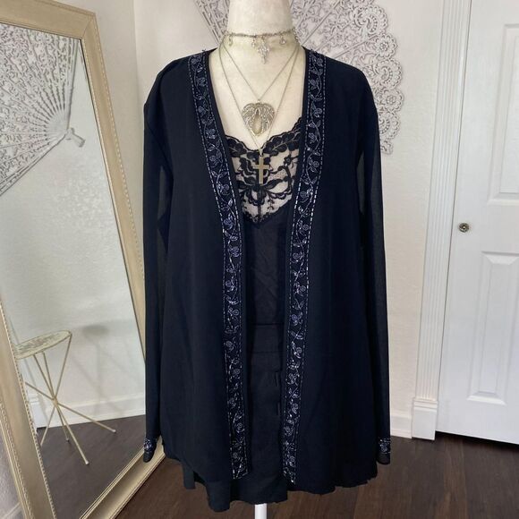 R&M Richards Whimsygoth Beaded Open Front Black Mesh Cardigan 14 / L - Picture 2 of 8